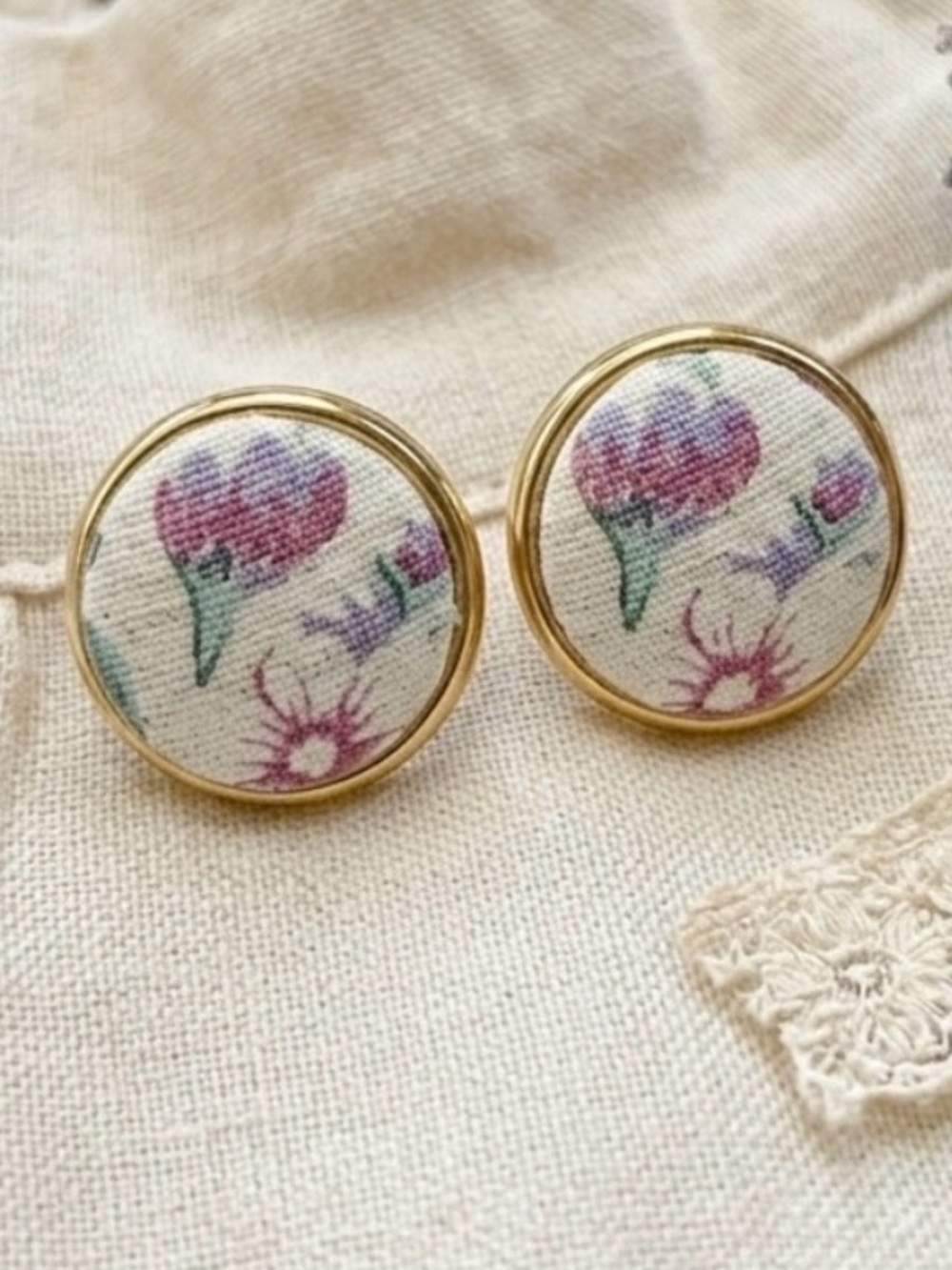 Vintage Floral Brocade Clip-On Earrings - Mid-Century Gold Tone Button Style